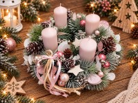 Růžový adventní věnec se svíčkami 30 cm